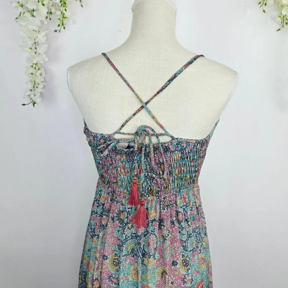 fab’rik Maxi Dress Large Mint Paisley Boho Tassel Tie Cottage Festival Whimsical